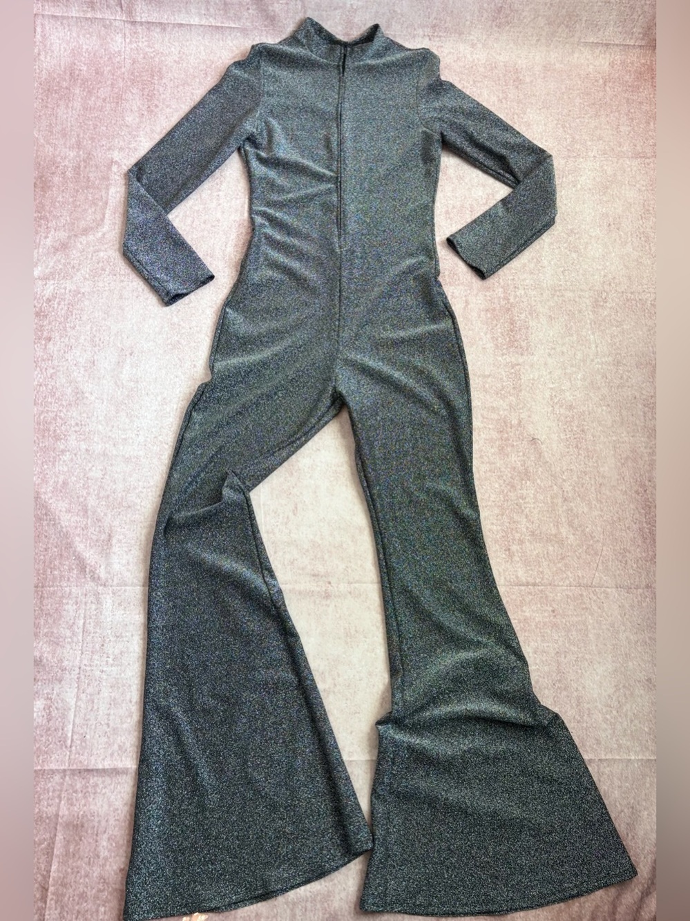 Size Large Womens Zip Front Metallic Black Glitter Jumpsuit with Flare Legs
